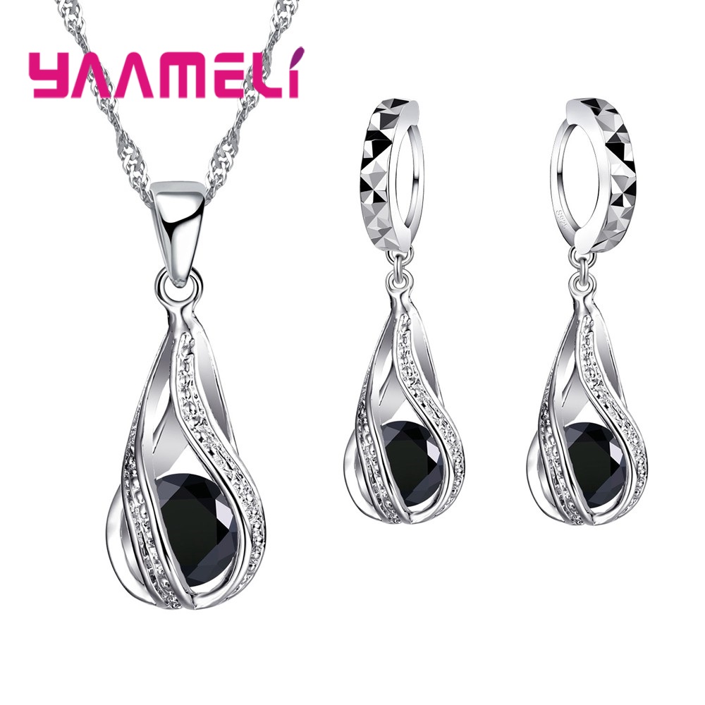 Juego de collar y pendientes de cristal de gota de agua para mujer, conjunto de joyería de boda de compromiso de plata 925 para regalo del Día de San Valentín