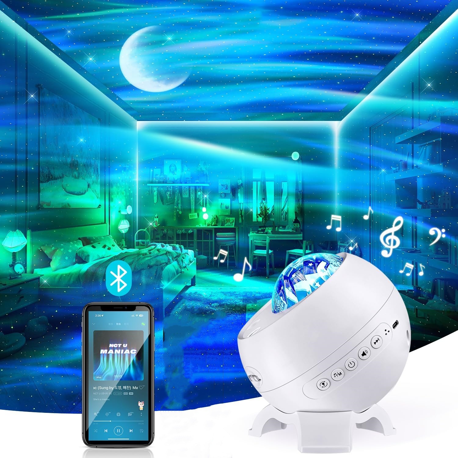 Traum-Sternenhimmel-Aurora-Projektor, romantisches Geschenk für Erwachsene, Musik, Nordlichtprojektion, Atmosphärenlampe für Spielzimmer, Nachttisch