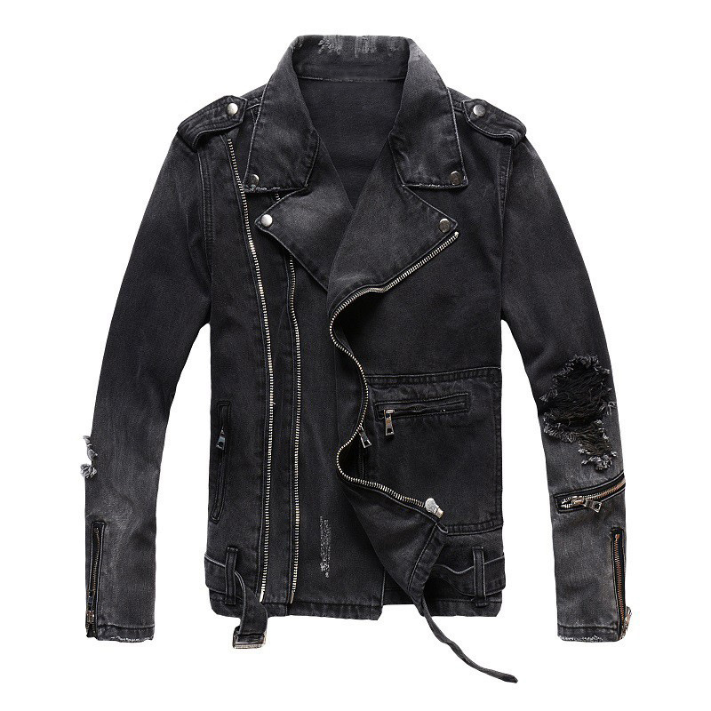Heren Spijkerjack Voor Herfst En Winter. Amerikaanse Retro High Street Punk-Stijl Modieuze Gescheurde Slim-Fit Motorjack.