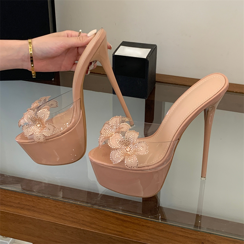 Eilyken Grote maat 46 PVC transparant ultradunne hoge hakken Carnaval Prom Slippers Damesmode Kristalbloem Zomerschoenen