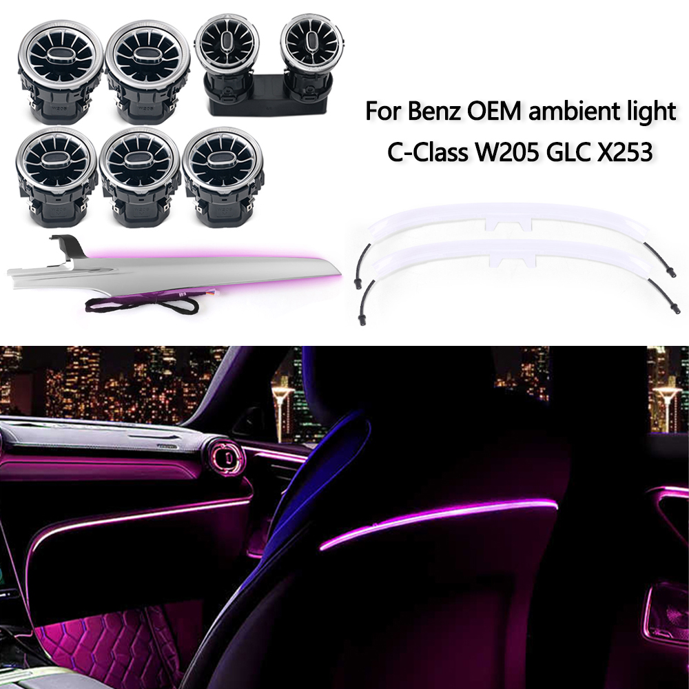 Do Mercedes Benz W205 GLC X253 rocznik 15-18, 3-kolorowe LED turbowentylatory, wyloty powietrza, listwa LED dla pasażera i kierowcy, oświetlenie ambientowe na oparcie siedzenia.