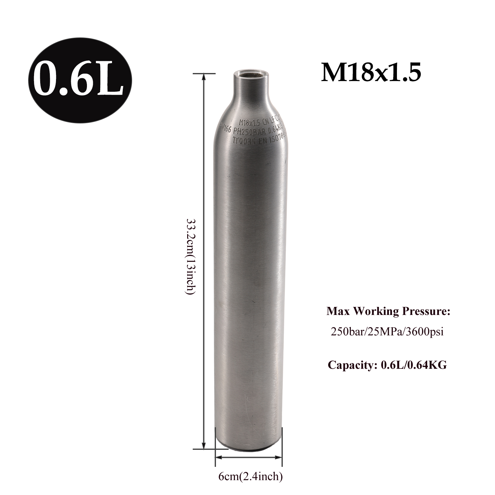 Vuoto 0.6L 0.64KG Alluminio CO2 Serbatoio Aria di Sicurezza a prova di Esplosione Ad Alta Pressione Bottiglia di Soda Cilindro del Serbatoio di Riempimento M18x1.5 250bar
