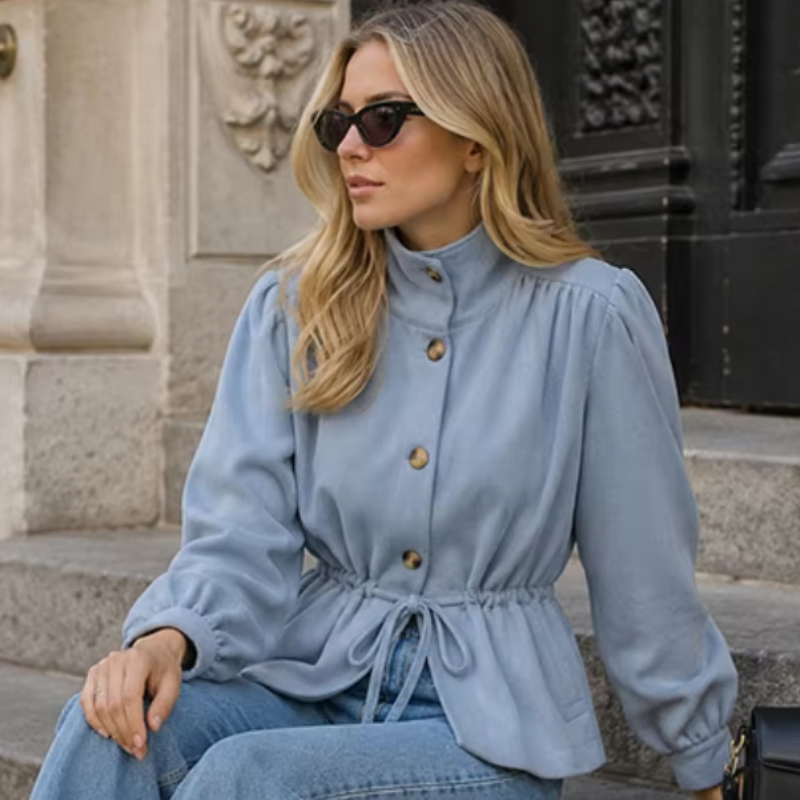 Elegante Cappotto Slim da Donna con Collo Alto, Monopetto, Maniche a Sbuffo, Giacca Casual Chic per l'Autunno 2026, Ideale per il Quotidiano e il Pendolarismo
