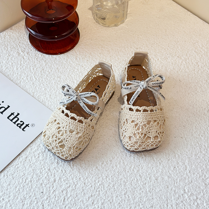 Zapatos planos de malla con lazo para niñas, zapatos de princesa sólidos con encaje calado, antideslizantes con gancho para niños pequeños, zapatos de moda