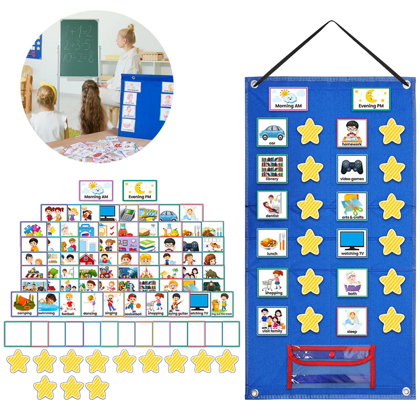 Tableau de calendrier visuel pliable sur pied pour enfants, maison, école, tenture murale avec 72 cartes pré-imprimées, 12 cartes étoiles, stylo effaçable à sec