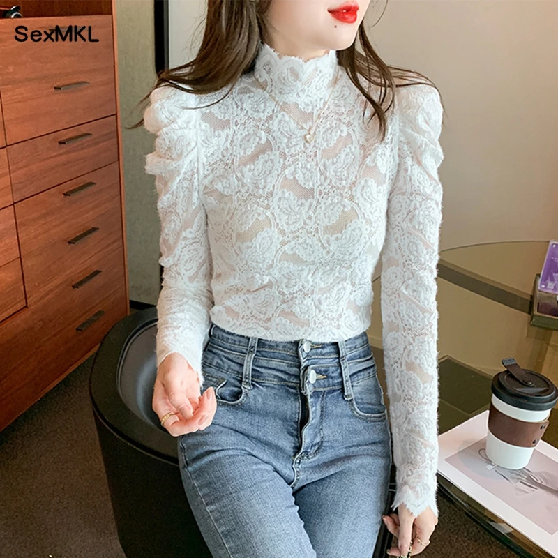 See Through Ladies Lace Tops 2026 Elegant Korean Fashion Clothing Streetwear Blusas Mujer Casual Basic White Balck Blouses y2k