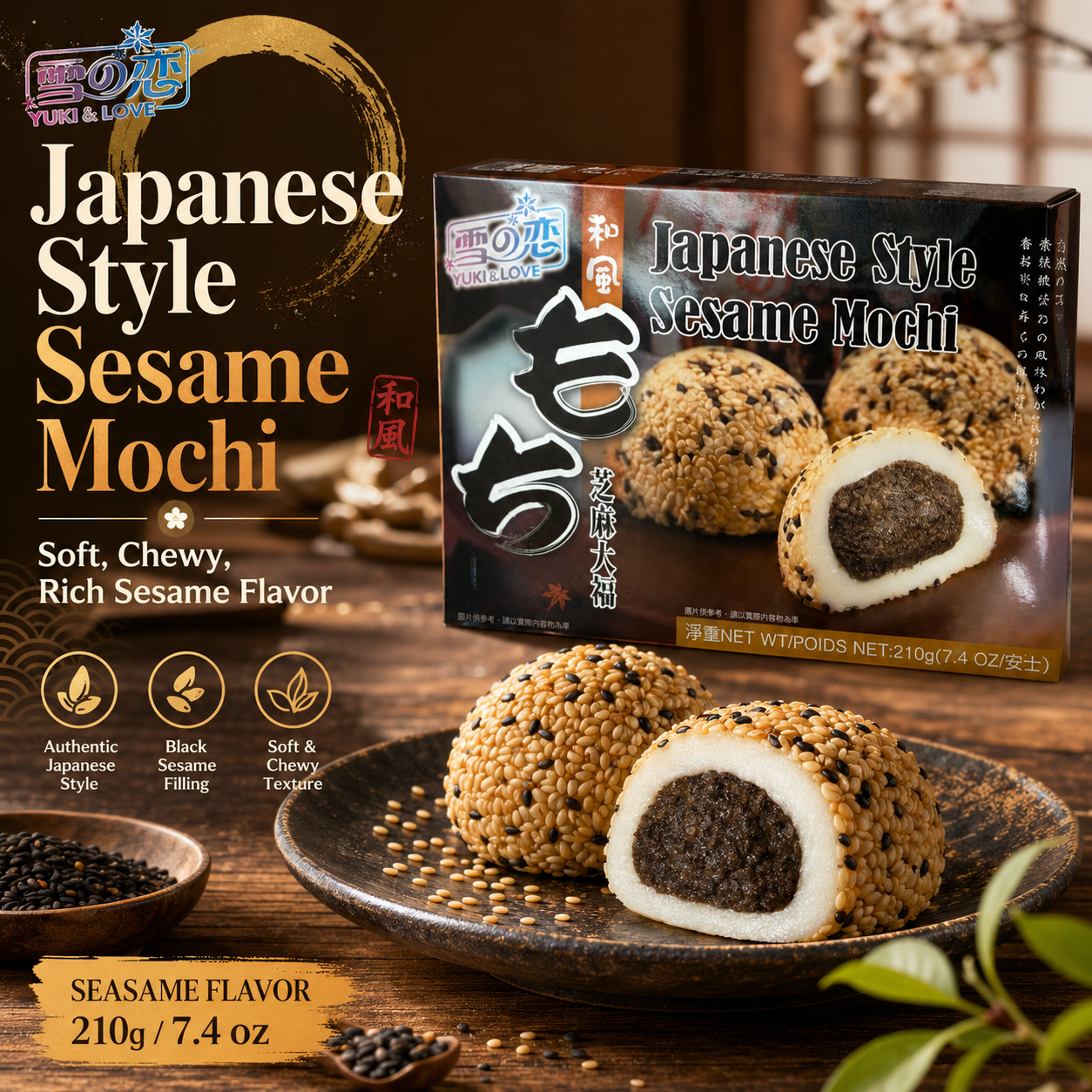 Mochi Daifuku de Sésamo al Estilo Japonés 210g, Pastelitos de Arroz Glutinoso Suaves y Masticables Rellenos de Rica Pasta de Sésamo Negro, Auténtico Dulce Asiático