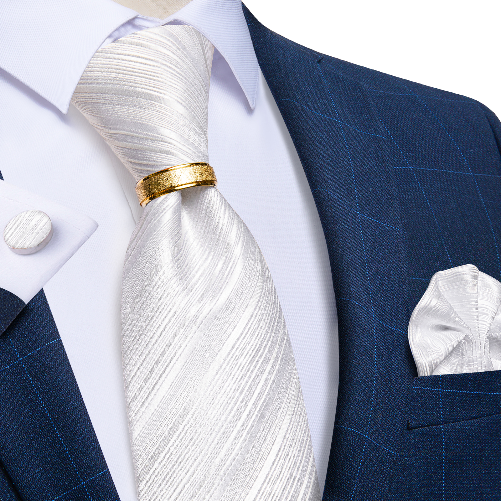 Corbatas de seda elegantes para hombres, accesorios de negocios a rayas, corbata de bolsillo, gemelos cuadrados, regalo de corbata, blanco sólido