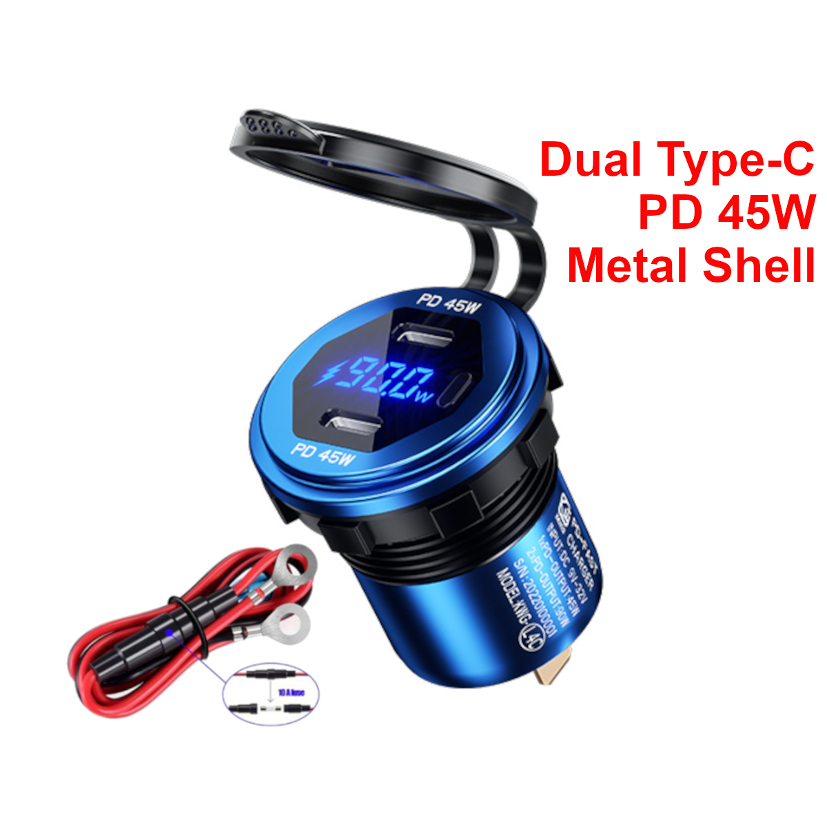 90W Dual Type-C PD Socket Autolader Stopcontact Adapter 12V 24V Waterdicht Snel opladen voor Sedan Boot SUV RV Motorfiets