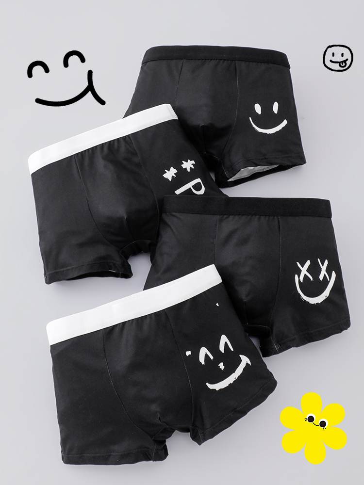 4PCS Boys' Teenage Knitted Smiley Print Boxer Shorts Comfortable Skin-Friendly Fabric for All Seasons