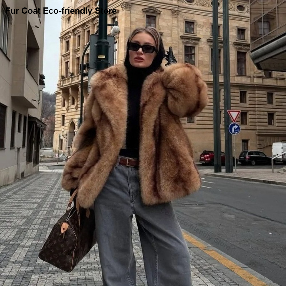Damen Kapuzen-Kunstpelzmantel Künstlicher Kurzer Pelzmantel Winter Exklusiver Gestreifter Kunstpelzjacke Damen Überzieher Modischer Flauschiger Pelzmantel