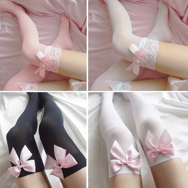 Große rosa Schleife schöne Oberschenkel hohe Knie Sexy Strümpfe Mädchen süße Spitze über Kniestrümpfe Damen Sexy Dessous Strümpfe