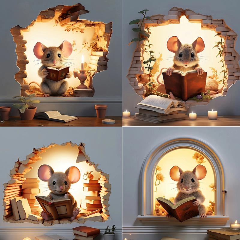 Adhesivo de pared con agujero para ratón M736, calcomanía de vinilo para amantes de los libros de ratón, decoración de lectura de ratón, lindo ratón en un agujero, pegatina para ratón