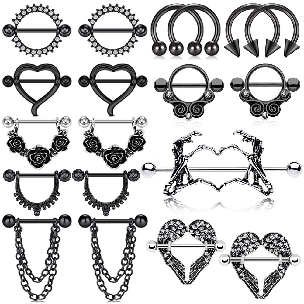 1คู่สแตนเลสสตีล Punk หัวนมเจาะสำหรับ14G สีดำ Rose ดอกไม้หัวใจ Nippie แหวนเจาะเครื่องประดับ