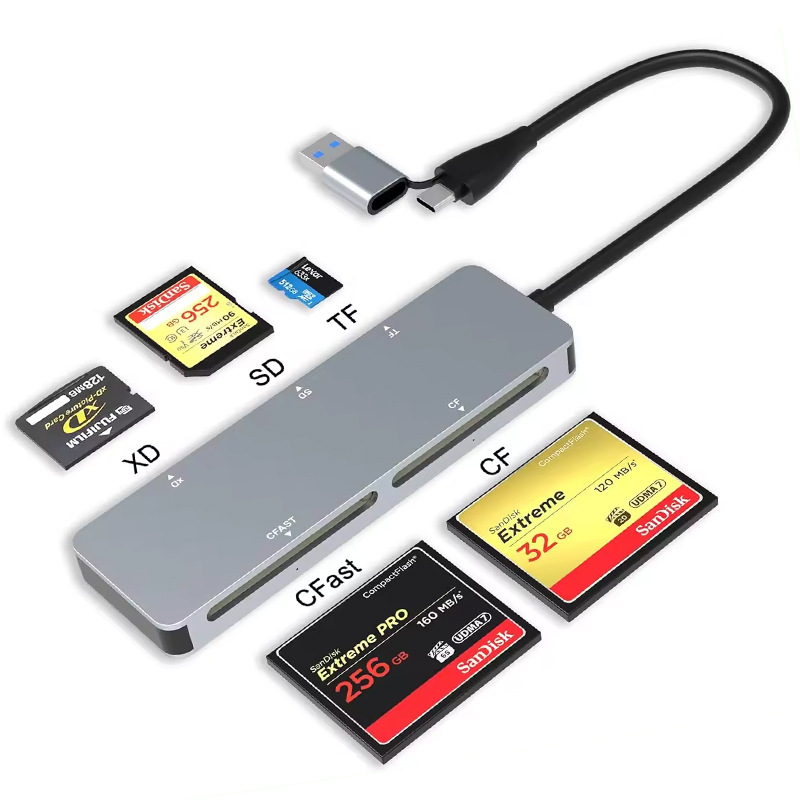 Akcesoria do laptopów UTHAI CR307, czytnik kart 5-w-1, obsługa CFast/CF/XD/SD/TF, szybki czytnik kart USB3.0/Type C