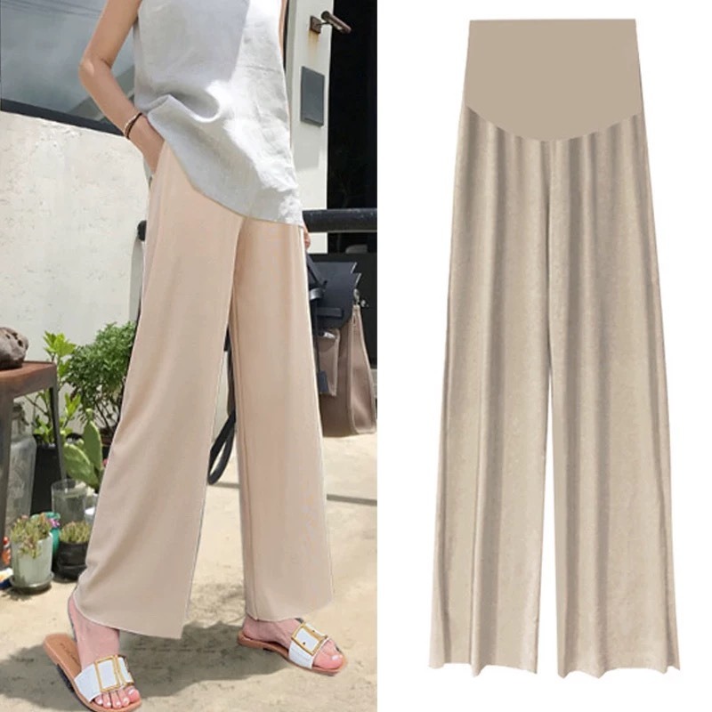 Pantalones anchos de maternidad de seda helada para verano, plisados, finos, frescos y cómodos para mujeres embarazadas