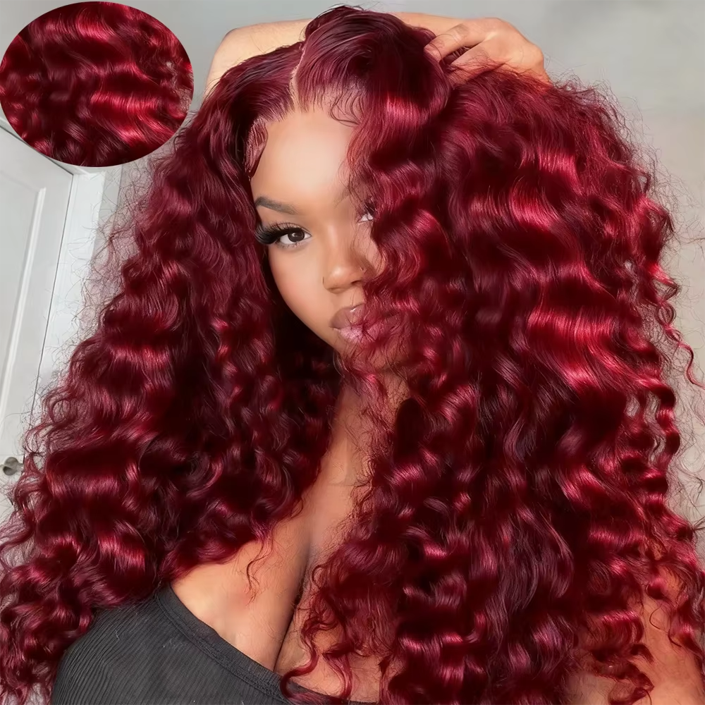 Парик из натуральных волос 99J Burgundy Deep Wave 13x6 HD Lace Front, 40 дюймов, 13x4 Lace, премиум-класса, красного цвета, для женщин.