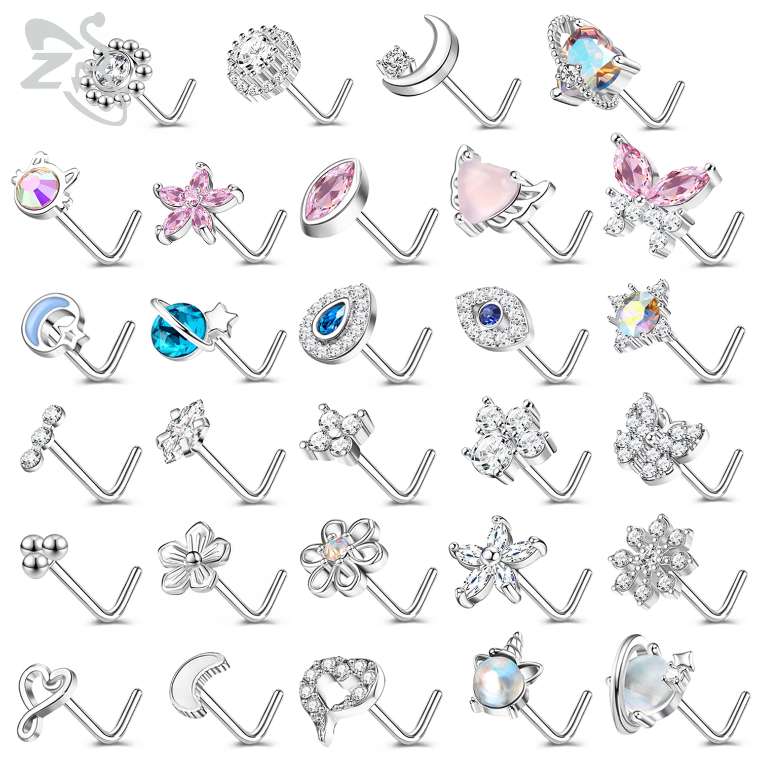 ZS 1 sztuka Śliczny CZ Crystal Nose Stud L-Shape 20g Piercing nosa ze stali nierdzewnej Kwiat Księżyc Kształt serca Cyrkon Piercing nosa