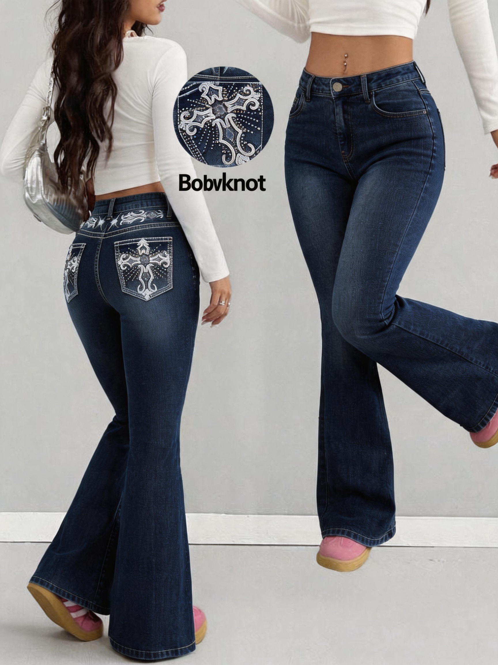 Calça Jeans Flare com Strass Western Cross para Meninas, Lavagem Escura, Cintura Regular, Look Moderno para o 4 de Julho