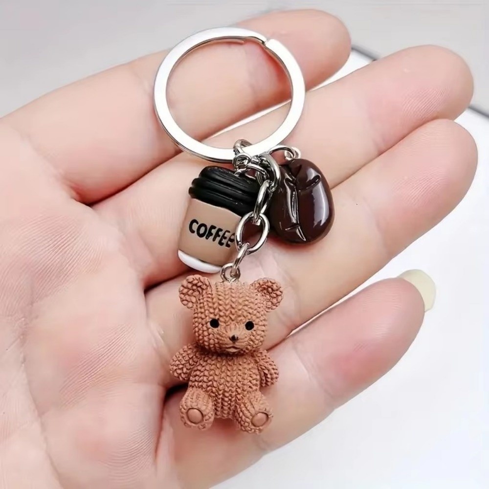 Cute Resin Bear Coffee Keychain Mini Cartoon Pendant Keychain with Metal Ring Closure Bag Charm Birthday Party Favors