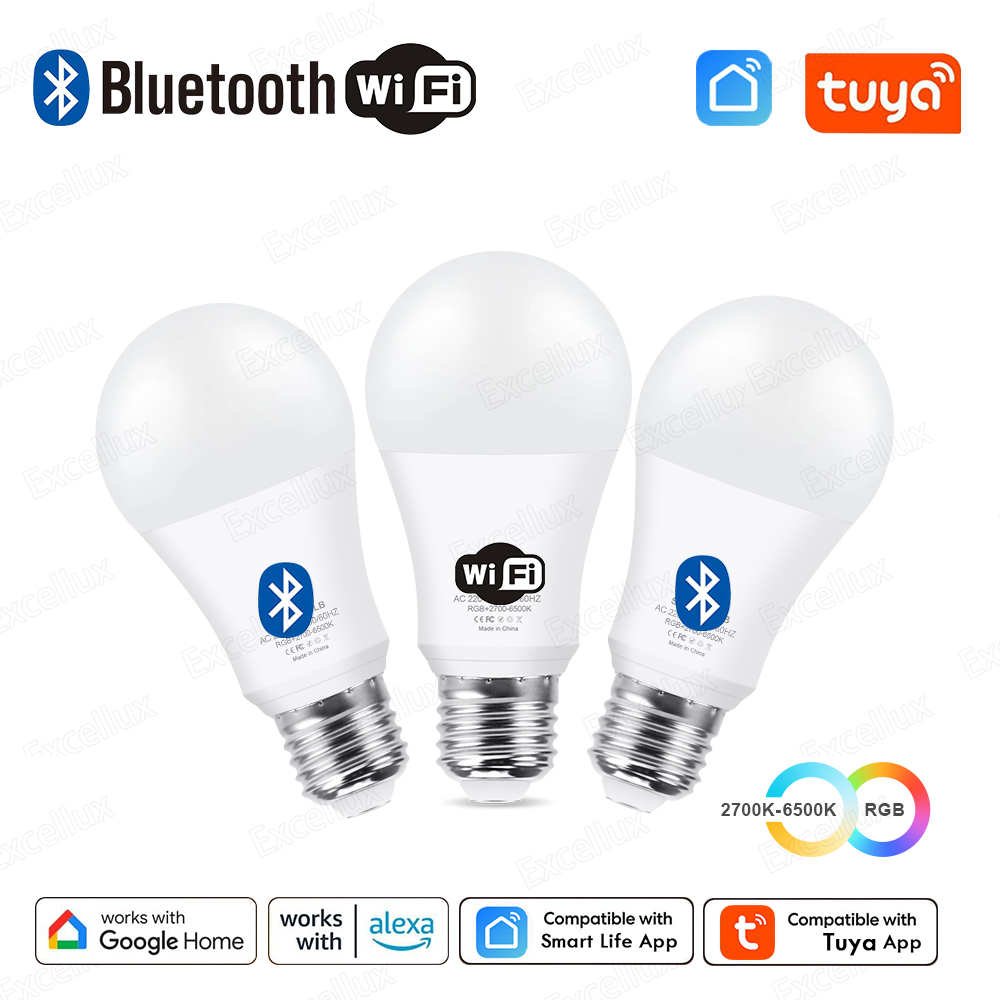 Bombilla LED Tuya E27 con Control por Aplicación, Bombillas LED Inteligentes con Bluetooth/WiFi de 15 W, RGB, CW, WW, Funciona con Amazon Alexa y el Asistente de Google