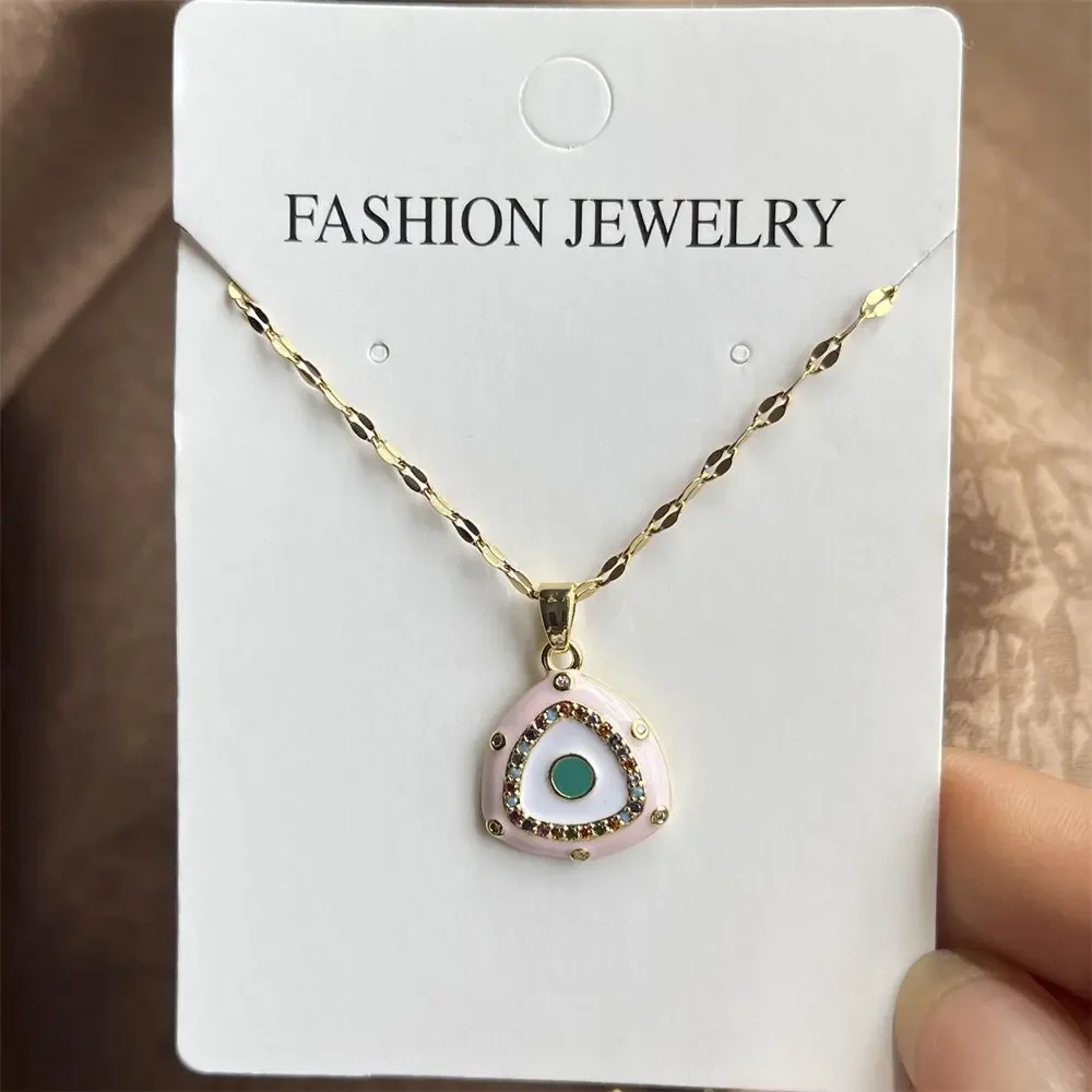 Enamel Triangle Turkish Evil Eye Necklaces for Women Stainless Steel Pink Enamel Choker Party Jewelry Gift collier femme