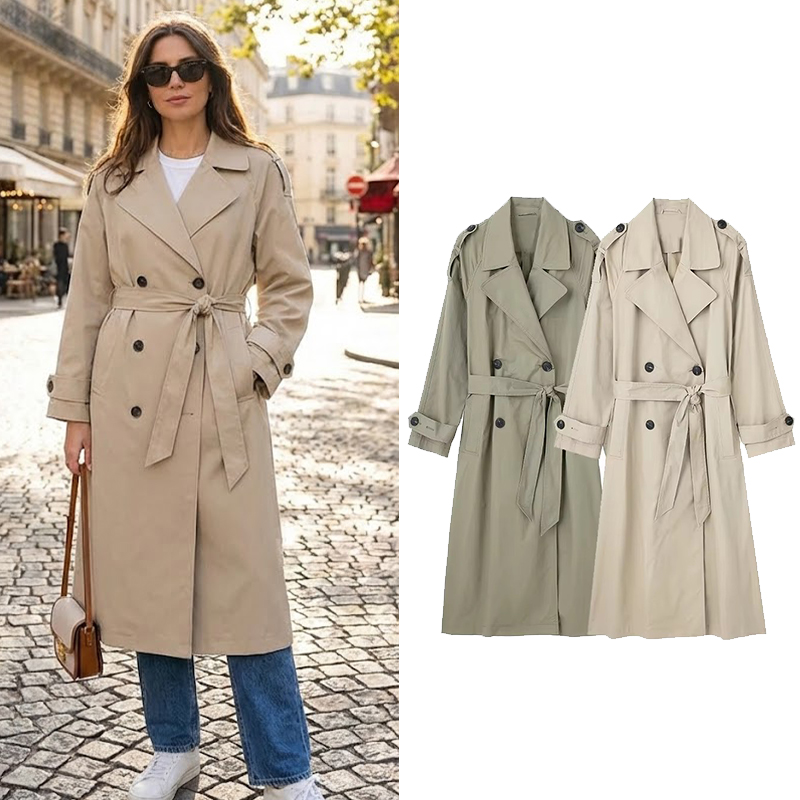 Willshela ผู้หญิงแฟชั่นเข็มขัด Double Breasted Trench Vintage คอยาวแขนยาวหญิง Chic Lady ชุด