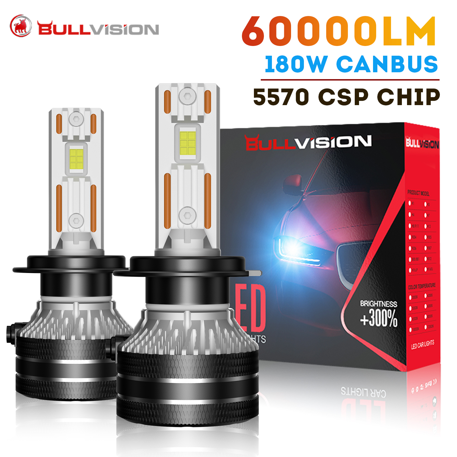 K5C H7 LED 60000LM Headlights Canbus H1 H4 H11 9012 HIR2 H8 H9 H13 9007 9005 9006 HB3 HB4 H27 881 High Power 6000K 5570 CSP Chip