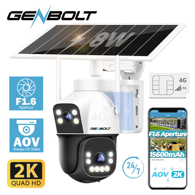 GENBOLT Caméra de Surveillance Sans Fil Extérieur 4G Solaire, Double Lentille Projecteur Vision Nocturne Couleur AOV Enregistrement 24/7, 8W 15600mAh HCCTV, Détection de Mouvement