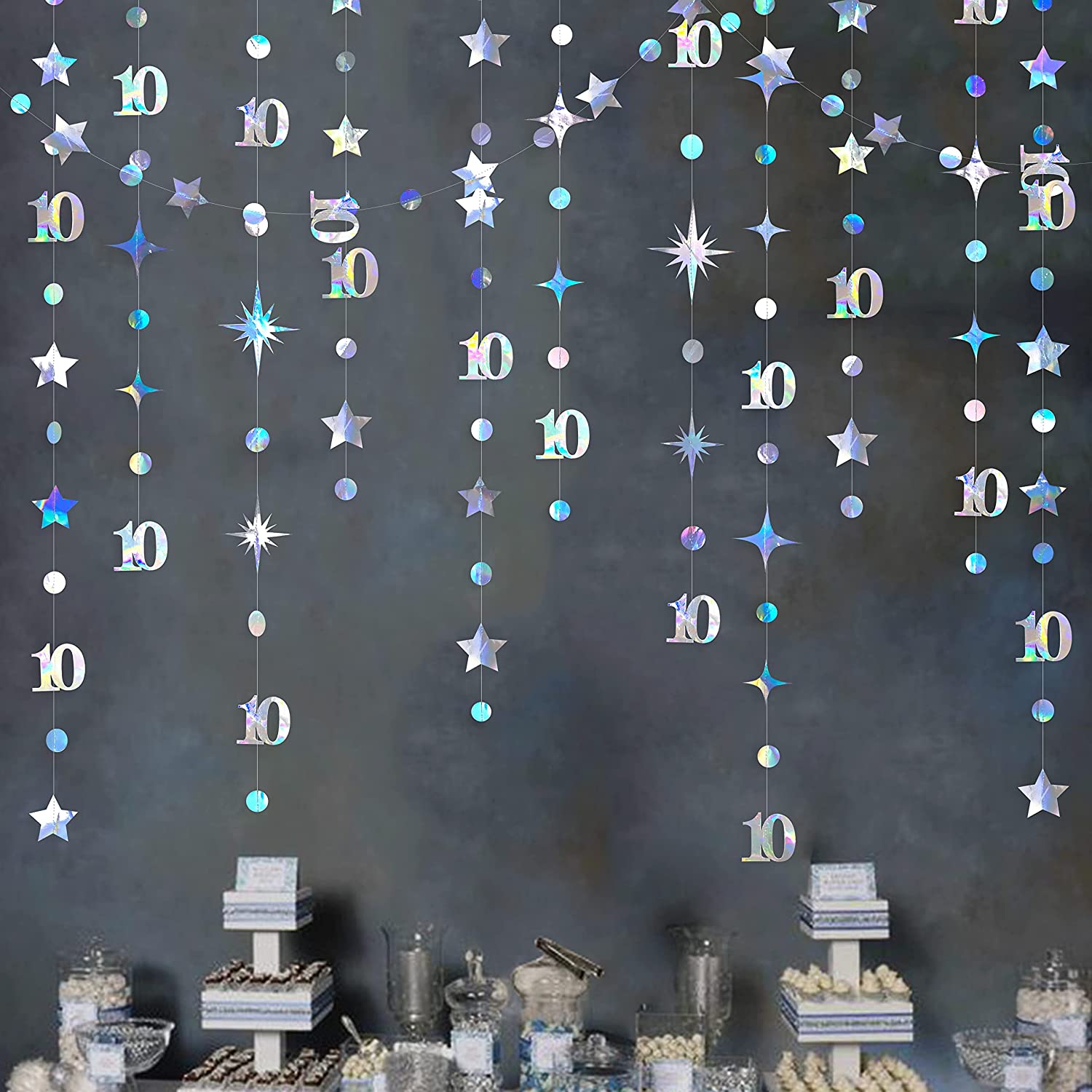 13 pés iridescente 10th 13th feliz aniversário decorações número 10 círculo ponto cintilação estrela guirlanda pendurado streamer 10th aniversário
