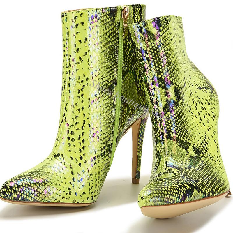 Sexy Laser Multi Neon Green Red Python Leather Ankle Boots Thin High Heel Pointed Toe Zipper Ankle Boots Woman