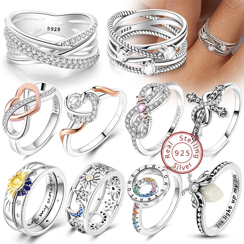 Anillos Anillos originales de Plata de Ley 925 con lazo, corazón, sol, luna, estrella, anillos de circón para mujer, joyería, regalos de aniversario de cumpleaños