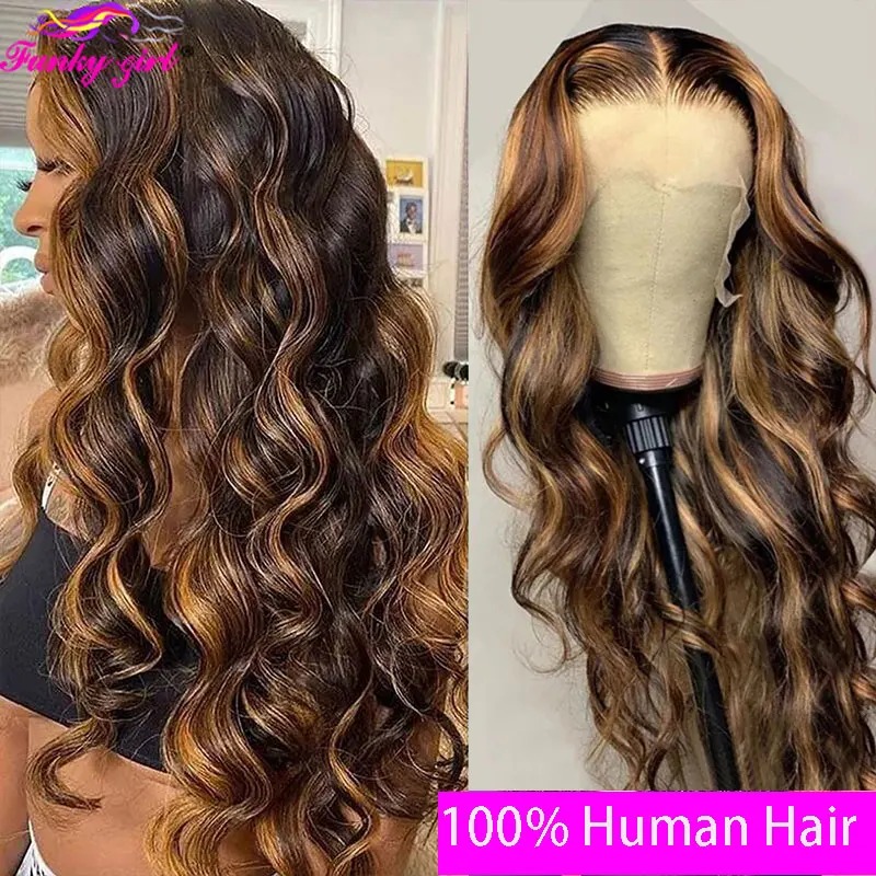 Highlight Body Wave Wig Human Hair Lace Wigs 4/27 Honey Blonde Body Wavy T Part Lace Human Hair Wig For Women Бразильский парик Remy