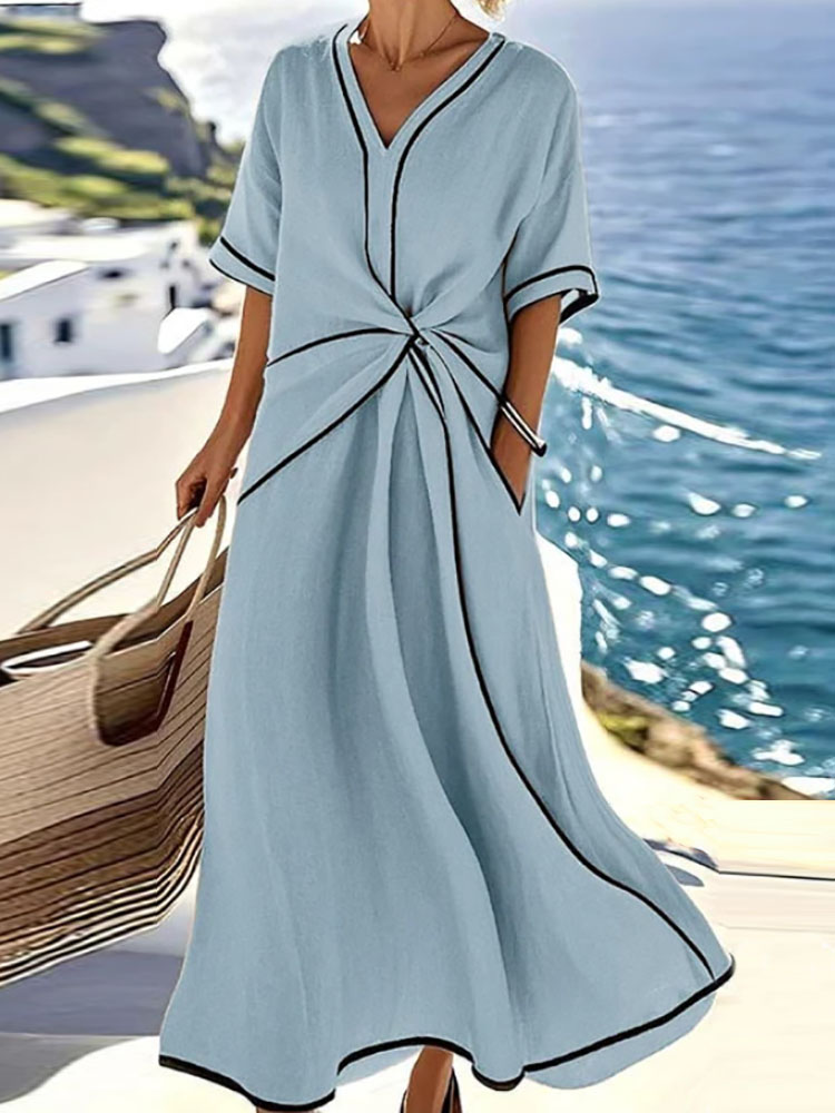 แขนสั้นลําลองหลวมชุดMaxi,ผู้หญิงฤดูใบไม้ผลิฤดูร้อนElegant Solid Party Dress, 2025 OคอPatchworkชุดเดรสสุภาพสตรี