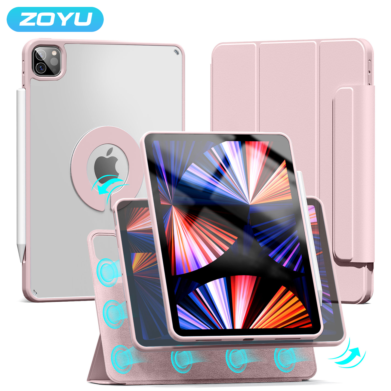 เคสแม่เหล็ก ZOYU สำหรับ iPad Air 4/5 10.9 นิ้ว, Pro 11 12.9 นิ้ว, สำหรับ iPad Mini 6 10.2 นิ้ว รุ่นที่ 9 8 7 หมุนได้ 360 องศา °   เคสหลังแบบถอดได้