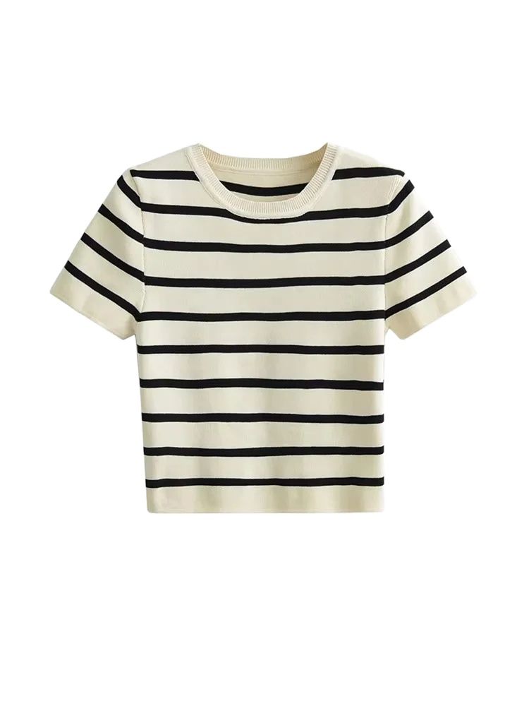 Sweter Rajut Crop Wanita Motif Garis, Model Vintage Kerah O Lengan Pendek, Pullover Wanita, Atasan Chic