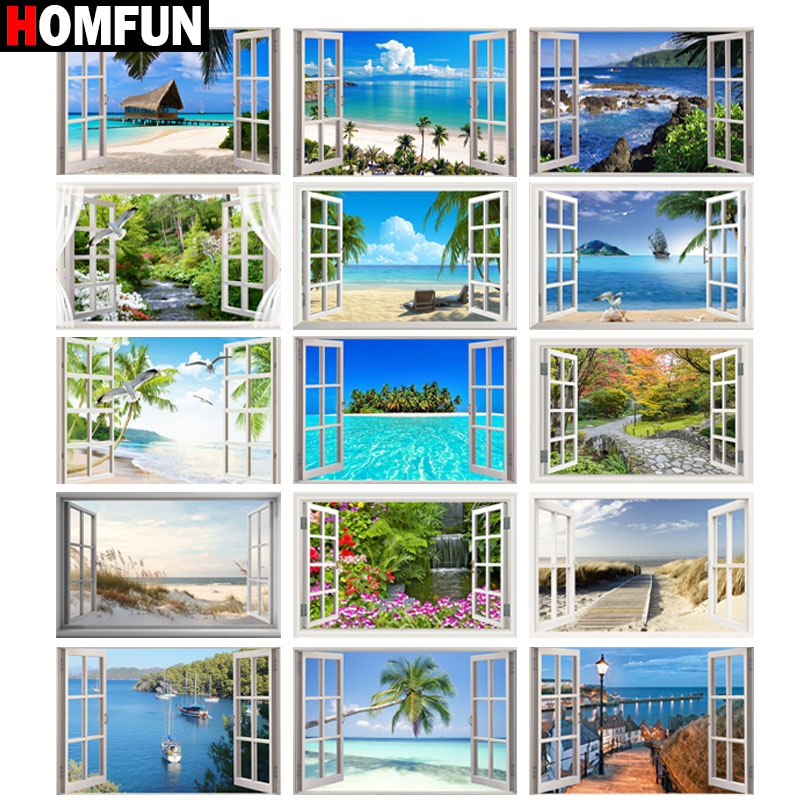 HOMFUN-pintura de diamante 5d, cuadro cuadrado/redondo completo de "ventana, paisaje marino", bordado de diamantes de imitación, decoración del hogar
