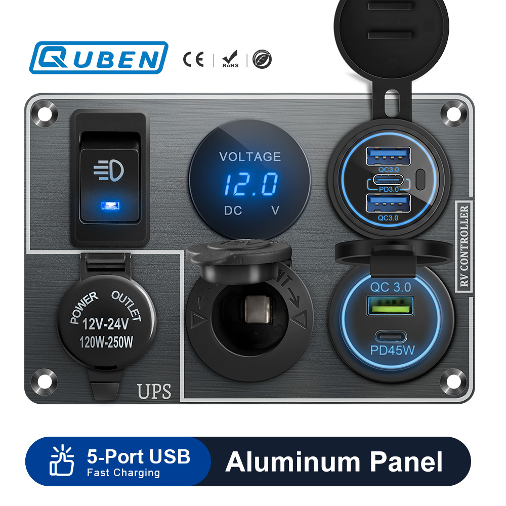 Carregador de carro multi-funções painel de alumínio ups isqueiro soquete porta dupla usb qc3.0 12v 24v para trailers de viagem de iate rv