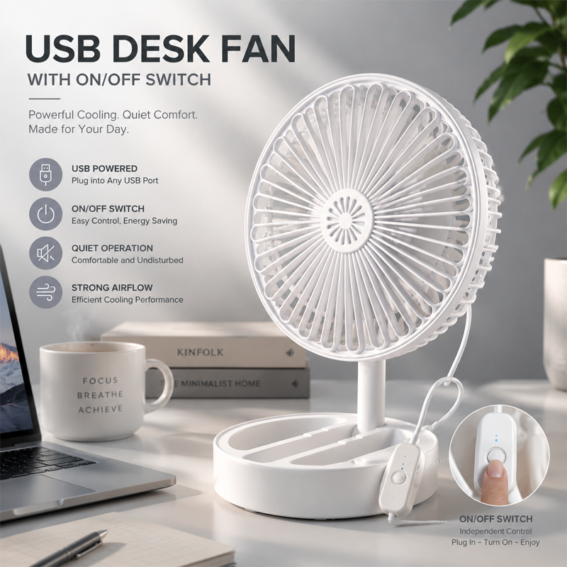 Neuer USB-Tischventilator mit Ein-/Ausschalter, leiser, tragbarer Kühlventilator für Büro und Schlafzimmer, starker Luftstrom, einfache Steuerung, USB-Stromversorgung