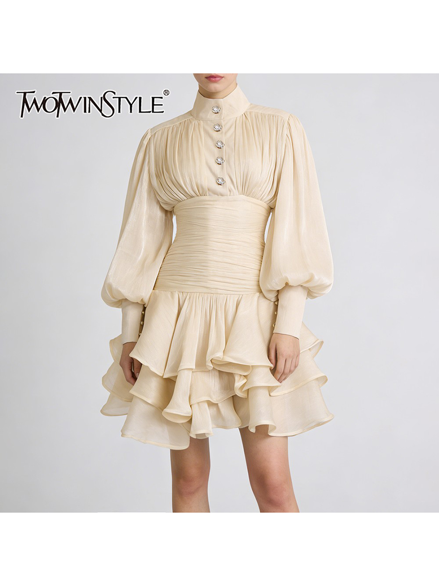 TWOTWINSTYLE однотонные элегантные платья с оборками и складками для женщин, туника с воротником-стойкой и длинными рукавами, темпераментное платье, женская мода