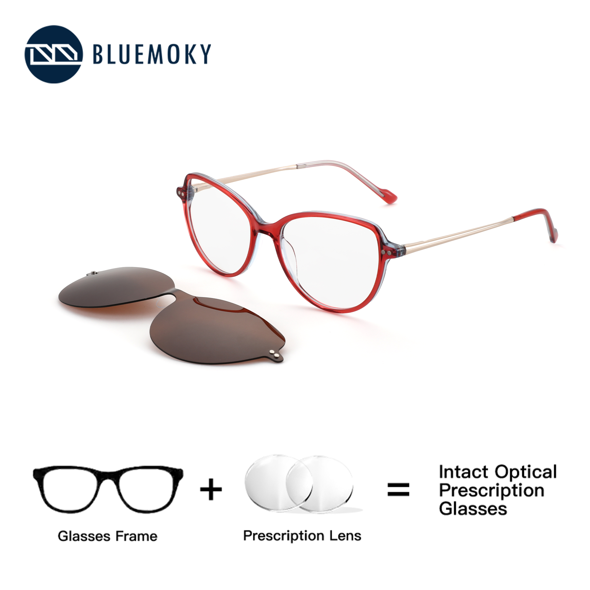 BLUEMOKY Cat Eye Magnetic Clip On Prescription Eyewear Acetate Anti Blue Light Polarized UV400 Progressive Women's Glasses