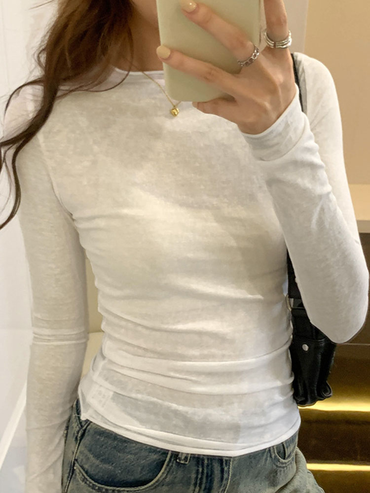 2024 wiosenny jesienny T-shirt damski z solidnym Slim Fit z długim rękawem z dekoltem na dekolt koszulki damskie casualowe w stylu Streetwear wysokiej jakości podstawowe koszulki