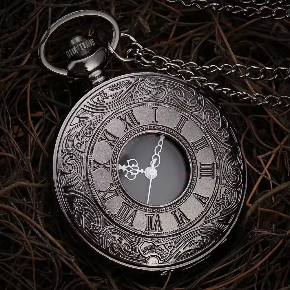 Vintage Steampunk ของขวัญสร้อยคอจี้ตัวเลขโรมันสีดําควอตซ์ Mens นาฬิกาพ็อกเก็ตพร้อมโซ่สําหรับแฟน