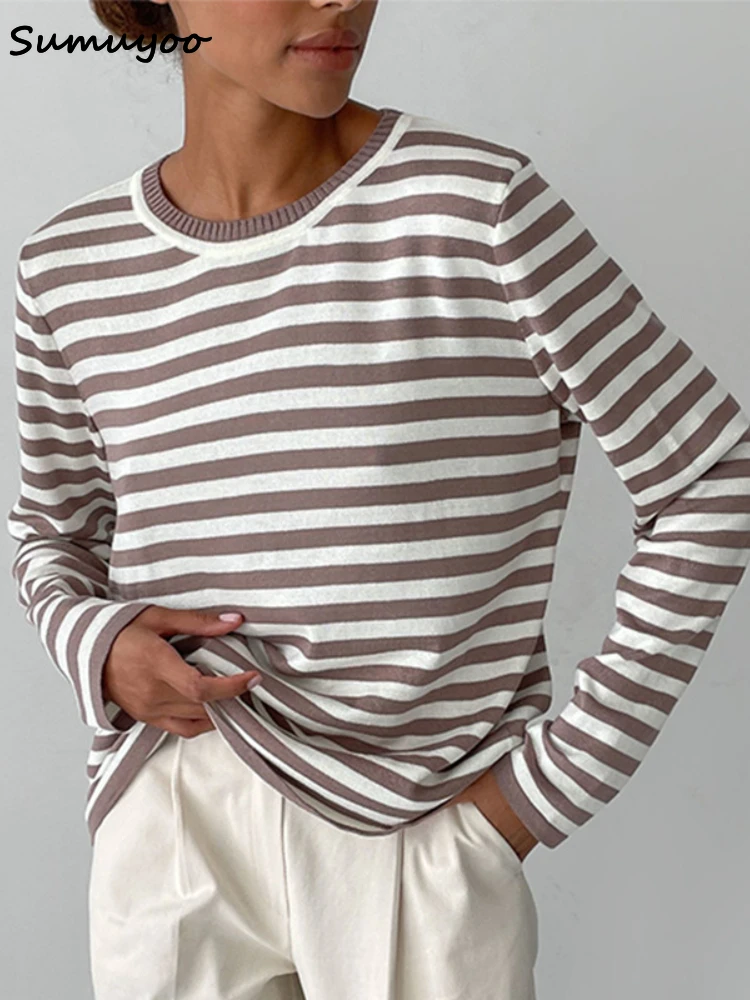 Sumuyoo Maglione a righe lavorato a maglia Donna 2025 Autunno Inverno Allentato Casual Pullover spessi Donna Calda a maniche lunghe Girocollo Top