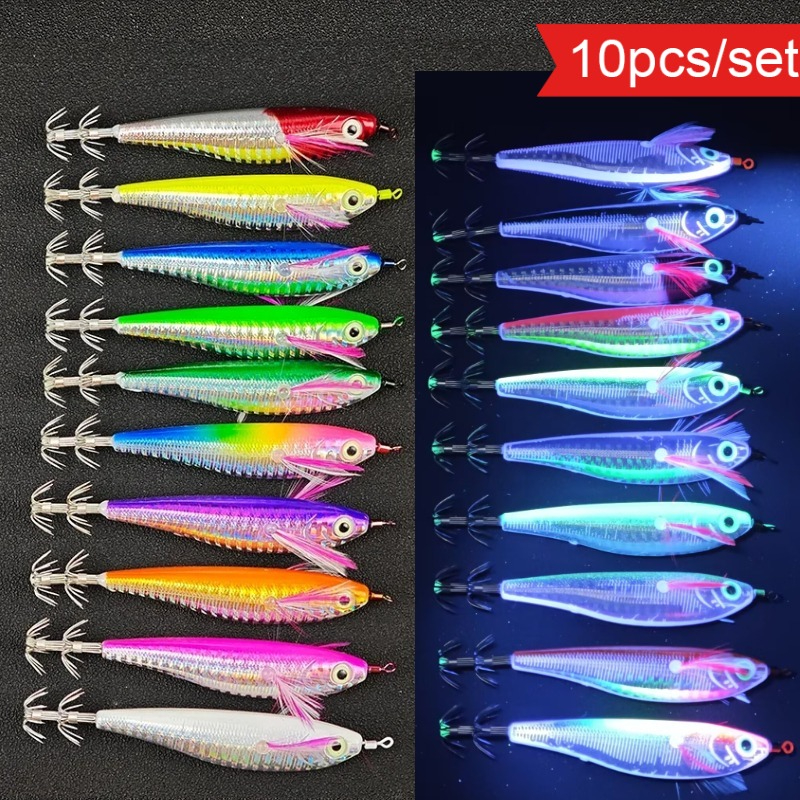 10 szt. Poziomy Zestaw Egi 10,5 cm Świecący Przynęta na Kałamarnice Hanchi Egi Duża Przynęta na Ośmiornice Przynęta na Morskie Kałamarnice Imitacja Krewetki Przynęta UV na Krewetki