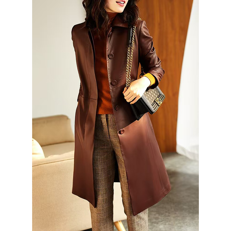 Gabardina de cuero Burdeos para primavera y otoño, chaquetas de piel de oveja auténtica con cinturón de un solo pecho para mujer