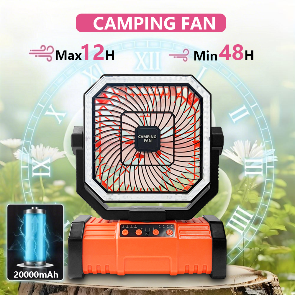 Ventilateur de camping alimenté par batterie 20000mAh avec rotation à 360° °   Ventilateur de plafond rechargeable pour le camping, avec crochet rotatif pour tentes de pêche et bureaux