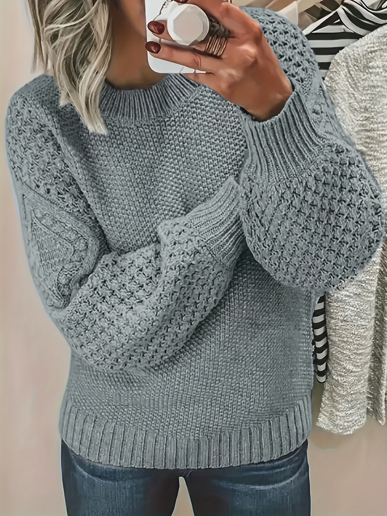 Novo outono e inverno cor sólida em torno do pescoço camisola, versátil para uso diário, design de manga lanterna solta, pulôver feminino