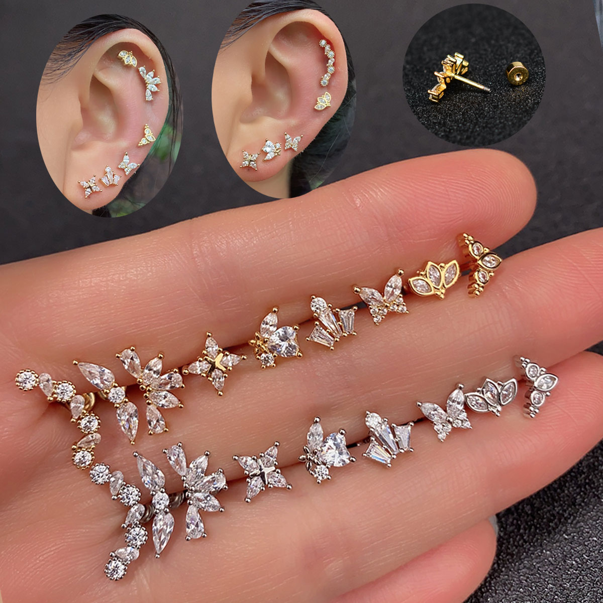 1 peça de aço inoxidável pinos planos para mulheres mini parafuso de cartilagem piercing cristal cz cartilagem tragus lóbulo brincos jóias do corpo