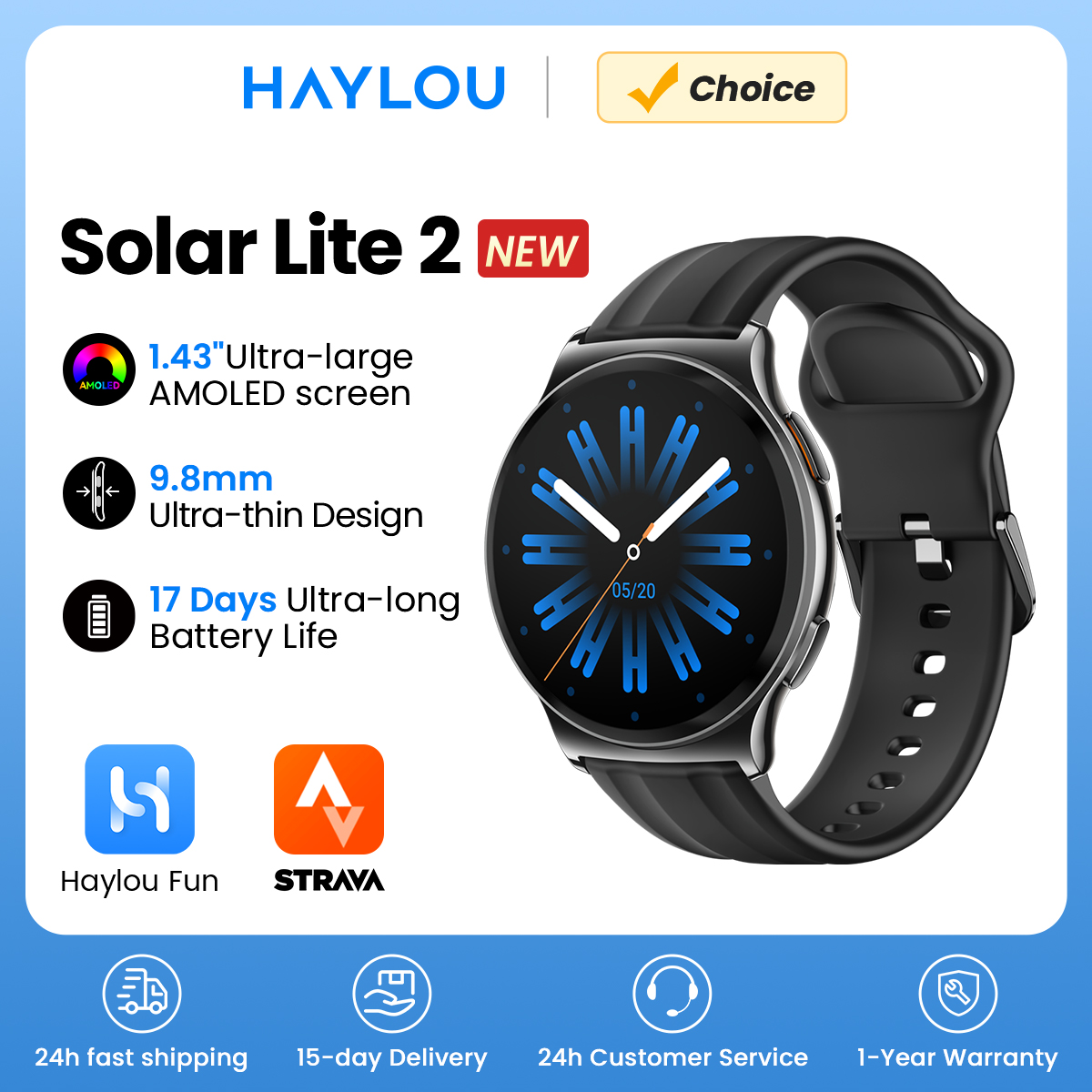 Умные часы HAYLOU Solar Lite 2, 1,43-дюймовый AMOLED-дисплей, 24-часовой мониторинг здоровья, 150+ спортивных режимов, умные часы с голосовым вызовом, 1 атм